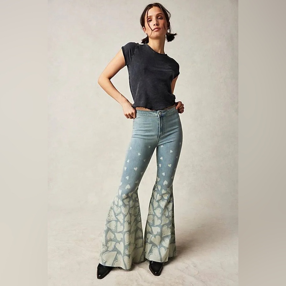 We The Free Light Blue Heart-Print Flare Jeans